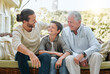 © peopleimages.com - Family, men or child on sofa for generations, love or visit to retirement home with smile. Grandpa, dad or son on patio couch for weekend relax, joking or happy for storytelling with laugh or fun