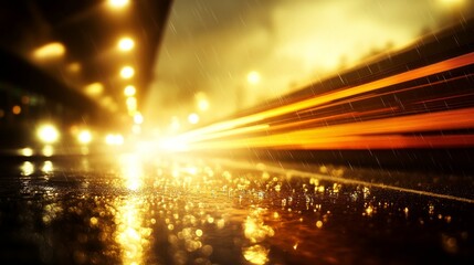 Poster - A low-angle wide shot captures a rain-soaked urban street at night, featuring reflections from streetlamps and vibrant car headlights creating an atmospheric glow