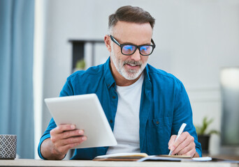Aufkleber - Home, writing and businessman with tablet for planning, research and to do list with book for freelance. Remote work, mature editor and tech with online course for digital journalism, tools and ideas