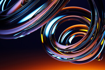 Poster - Neon fluid glass spiral swirl on black 3d background. Abstract dark bg with holographic transparent funnel, chromatic vortex, liquid circle wave line with rainbow light texture render. 3D illustration