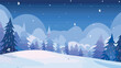 © Lion - Winter night forest landscape with snowy trees and starry sky flat vector illustration