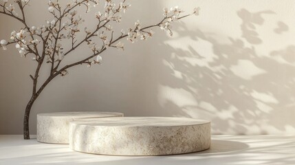 Poster - Soft shadows dance on the beige backdrop as two round stone podiums stand gracefully beside a blossoming branch. This tranquil setting invites creativity and tranquility, ideal for any showcase