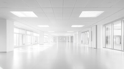 Aufkleber - A pristine, empty space with a minimalist white interior and a ceiling featuring soft indirect lighting.