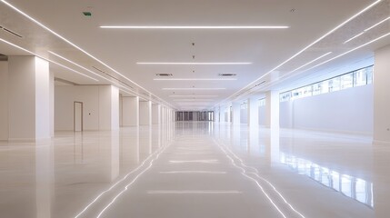 Aufkleber - A pristine, empty space with a minimalist white interior and a ceiling featuring soft indirect lighting.