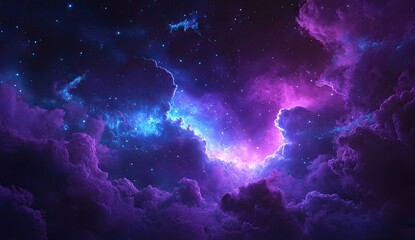 cosmic clouds in vibrant hues of purple and blue, speckled with stars