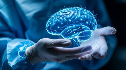 Poster - Neurology Specialist Examining A Glowing, Transparent 3D Brain Model, Healthcare Innovation Concept