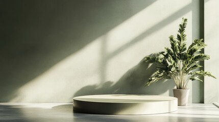Poster - A refined minimalist studio with a sleek product podium, olive green tones, and a natural light overlay.