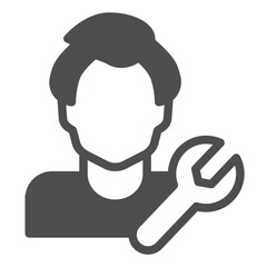 Poster - Mechanic guy and wrench solid icon, repair service concept. Vector graphics. Master man with repair tool sign on white background, glyph style icon for mobile or web design.