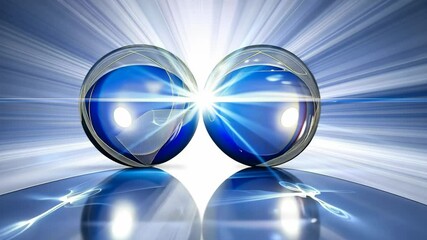 Poster - Two blue glass orbs positioned closely together emit light against a vibrant, illuminated background creating a striking visual effect