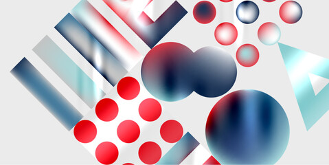Poster - Abstract composition. Red, blue spheres, rectangles overlap. Gradient colors create depth. Minimalist design, modern aesthetic. Simple shapes, clean lines.