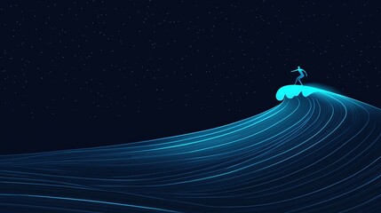 Poster - Surfer Riding a Glowing Neon Wave Under a Starry Night Sky in a Vibrant and Dreamlike Scene