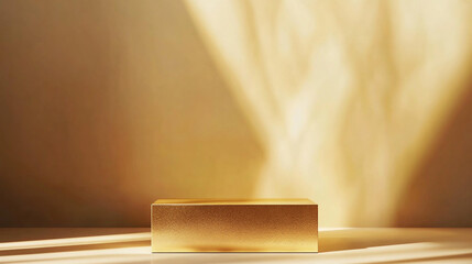 Poster - A golden block podium against a beige wall with light patterns creating a modern aesthetic look