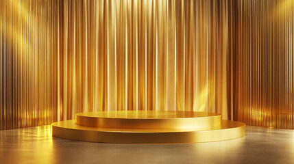 Poster - Golden stage with two circular platforms and a backdrop of golden fabric folds in a studio shot