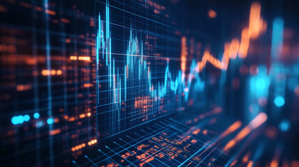 Poster - Abstract financial chart with blue and orange lines on a dark background with grid lines