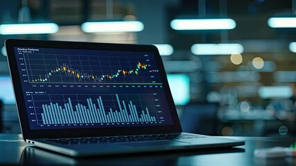Poster - A laptop displays detailed market data visualizations in a finance office while professionals analyze performance metrics at dusk