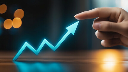Poster - A finger touching a glowing blue arrow pointing upwards on a reflective surface with bokeh lights