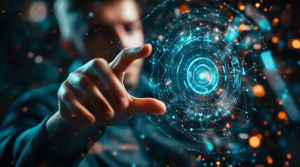 Fototapete - A man manipulating a glowing blue sphere with interconnected lines and bokeh lights around it