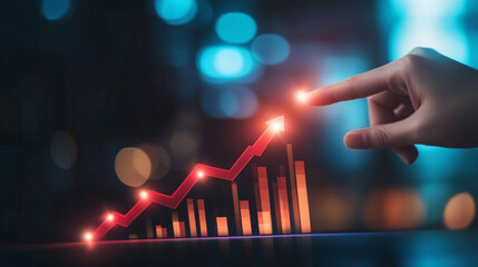 Poster - A glowing red line graph with bars and a hand touching the graph on a blurred background