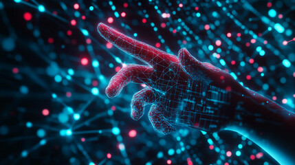 Poster - A digital hand reaching out amidst glowing blue and red orbs with a dark and futuristic background