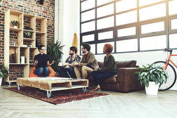 Poster - Office, teamwork and business people on couch for discussion, planning and feedback for startup progress. Creative agency, employees and collaboration in meeting, listening and cooperation for goal