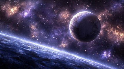 Wall Mural - dark planet in deep space, illuminated by a nearby star, with light streaks of distant stars