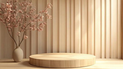Poster - Wooden podium with vase and pink flowers against a beige striped wall in a studio setting for product display