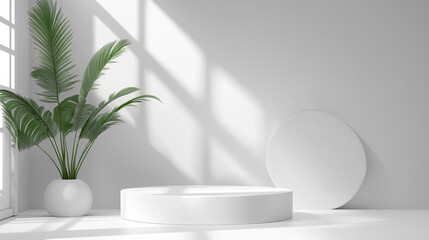 Poster - Minimalist white room with plant in pot, round podium and circle against wall with window light