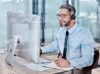 Poster - Customer service, call center and happy man on computer for talking, online help and consulting. Corporate office, telemarketing and person with headset for contact, crm support and communication