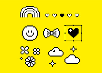 Poster - smile, rainbow, bow, flower and funny game elements on a yellow color background. y2k inspired retro