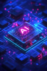 Poster - Futuristic AI processor illuminated in vibrant neon with a circuit board