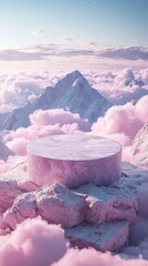 Aufkleber - A stunning stone podium stands majestically on a rocky outcrop, surrounded by fluffy pink clouds that stretch into the horizon. The majestic mountains add a mystical touch to this tranquil setting