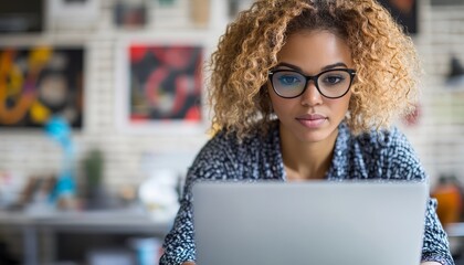 Poster - Confident young woman focused on laptop. Creativity and connection in coworking space.