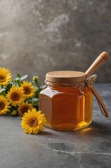 Poster - freshly harvested honey jar with sunflowers on a rustic countertop in a warm, inviting kitchen