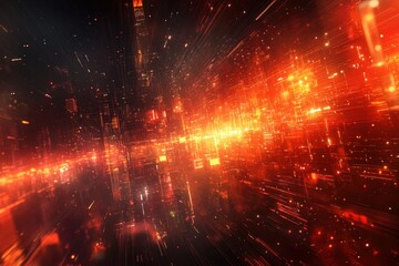 Fototapete - Dynamic abstract representation of digital data flow in vibrant red and orange tones