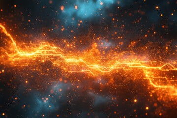 Poster - Abstract digital energy wave design glowing in vibrant orange against a dark background