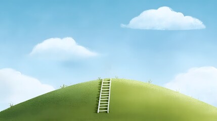 Poster - A cartoon painting depicting a ladder ascending a lush green hill towards a symbolic business goal or objective representing the path to success achievement and career advancement