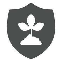 Fototapete - Plant with leaves on safety emblem solid icon, eco tourism concept. Vector graphics. Protection shield with leaf plant sign on white background, glyph style icon for mobile or web design.