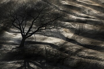 Poster - a leafless tree starkly contrasts the rolling hills in the afternoon sun, casting long shadows that 
