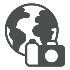 Poster - Planet earth and camera solid icon, eco tourism concept. Vector graphics. World globe with photo camera, traveling sign on white background, glyph style icon for mobile or web design.
