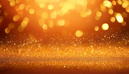 abstract luxury shiny golden glitter particles and sparkles bokeh effect on orange background for poster presentation design template with copyspace