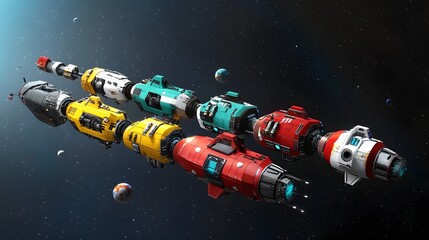 Poster - A complex modular spaceship design concept with various components and modules floating in a cosmic setting with distant planets stars and celestial objects