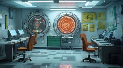 Aufkleber - A complex retro futuristic interior of a time travel research facility filled with advanced technology computers and warning screens for broken and potential paradoxes