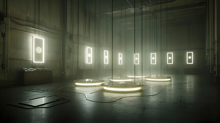 Poster - A dark futuristic interior with an array of glowing unidentified artifacts contained within a research station of an unknown origin and purpose