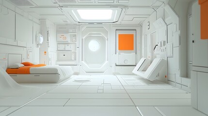 Poster - A futuristic minimalist interior showcasing a cybernetic dream lab where advanced systems generate immersive virtual environments for human experiences