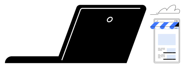 Minimalistic laptop silhouette paired with a storefront webpage, cloud above. Ideal for e-commerce, online business, shopping, cloud technology, digital marketing, entrepreneurship, web development