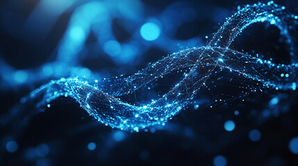 Fototapete - A glowing blue network structure with interconnected points against a dark blurred background