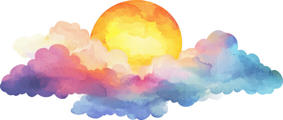 Wall Mural - watercolor illustration of sun and clouds, white background
