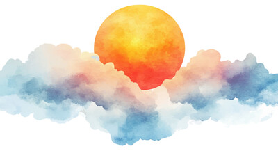 Wall Mural - watercolor illustration of sun and clouds, white background