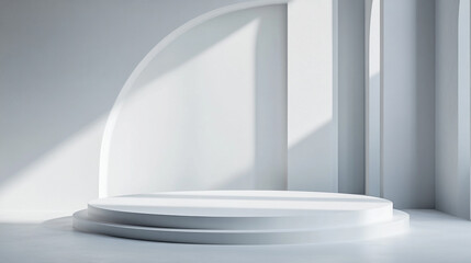 Poster - A minimalist white showcase podium with archway and pillars bathed in soft light and shadow patterns