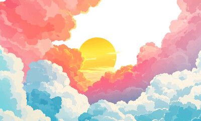 Wall Mural - watercolor illustration of sun and clouds, white background